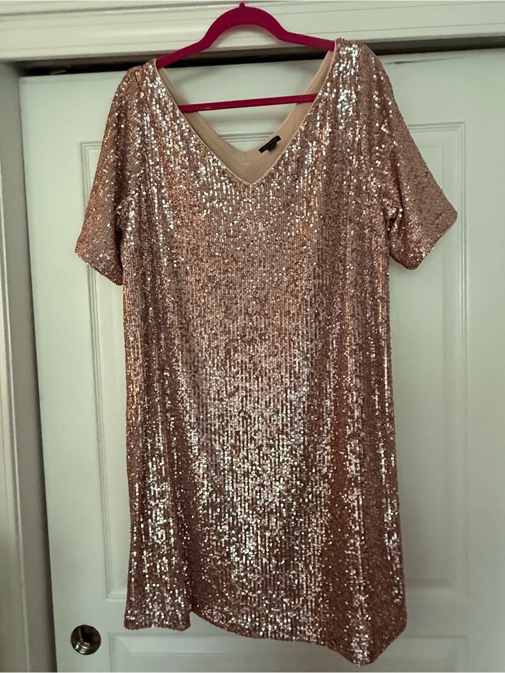 Ann Taylor Sequin V-Neck Short Sleeve Dress - Rose Gold